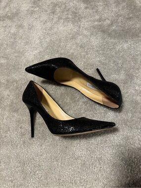 Jimmy Choo Abel Black Glitter Pointed Toe Stilettos
